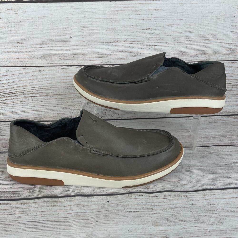 OluKai Men's Slip-On Loafers in Dark Gray with White & Brown Accents